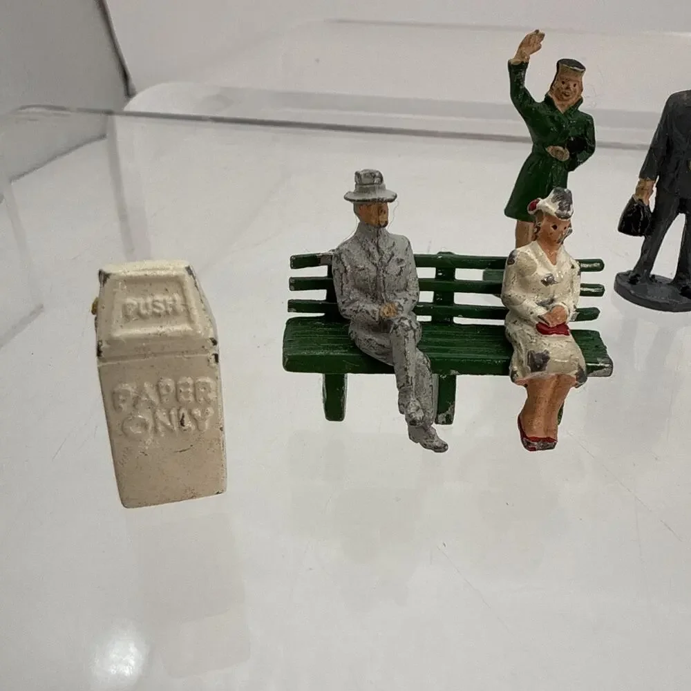 16 Barclay Manoil Painted Lead Traveler Figurines, Benches, Mailbox, Trash, Duck